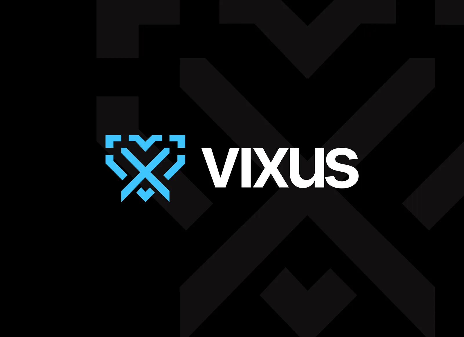 Vixus logo: sky-blue V/X-heart monogram and bold white wordmark on black over an oversized monogram