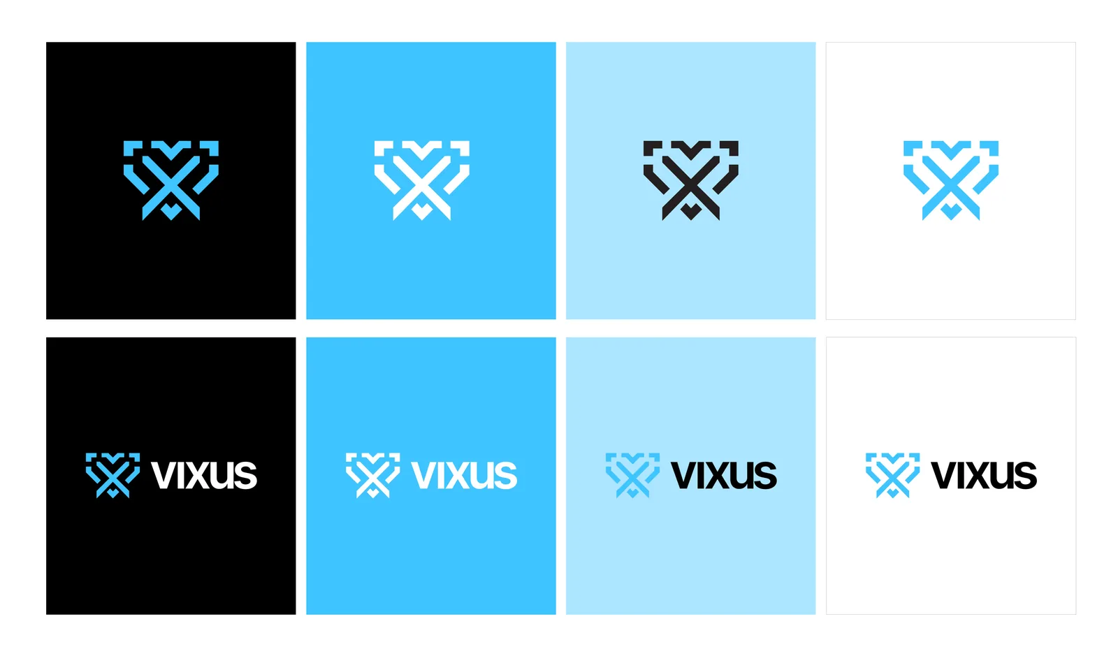 Vixus logo colour usage: monogram and full lockup on black, blue, sky blue and white tiles