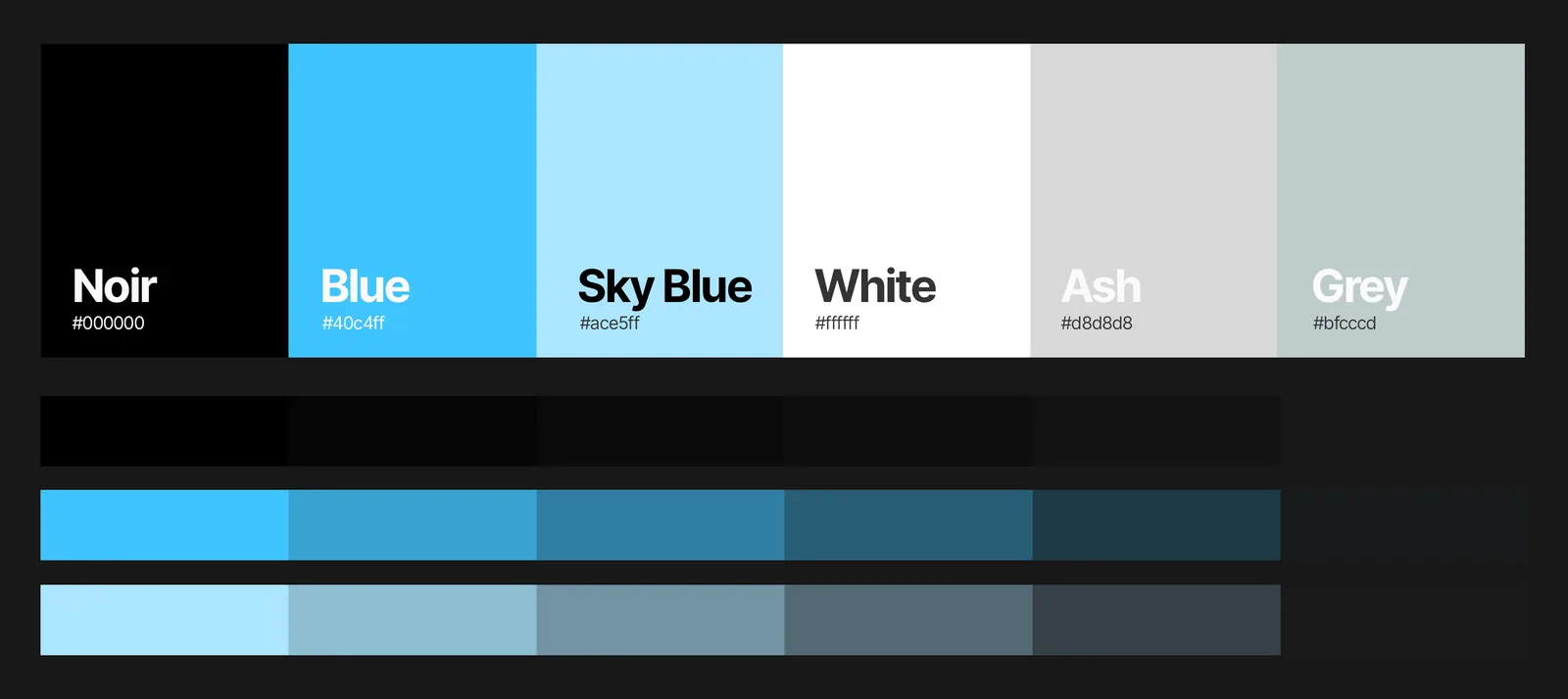 Vixus palette: Noir, Blue #40C4FF, Sky Blue #ACE5FF, White, Ash and Grey, with blue and sky-blue tint ramps
