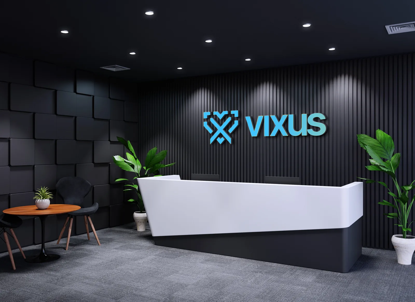 Dark slatted reception wall with the sky-blue Vixus V/X-heart monogram and wordmark above a white desk