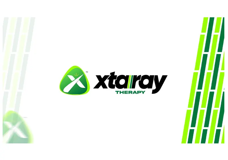 Xtaray Therapy logo: a green rounded-triangle X icon beside a heavy black italic wordmark, with lime stripes