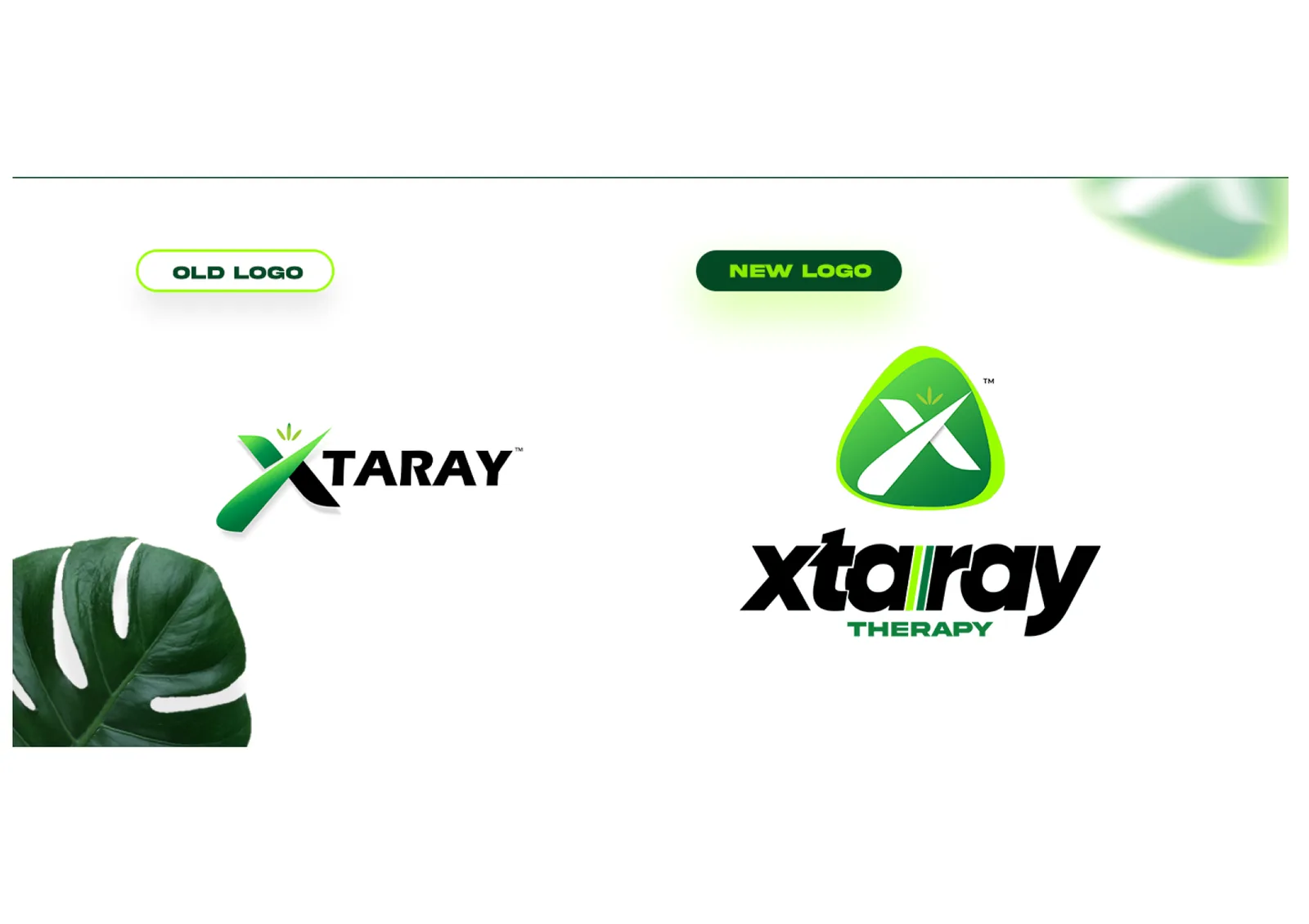 Before and after: the old XTARAY wordmark beside the new Xtaray Therapy icon and wordmark