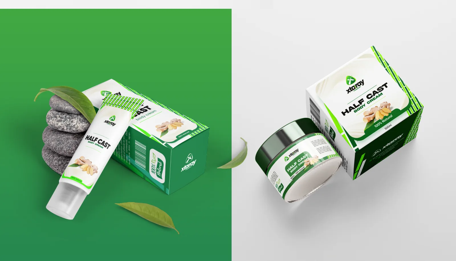 Half Cast body cream tube, jar and boxes in white and green with ginger art, on green and grey