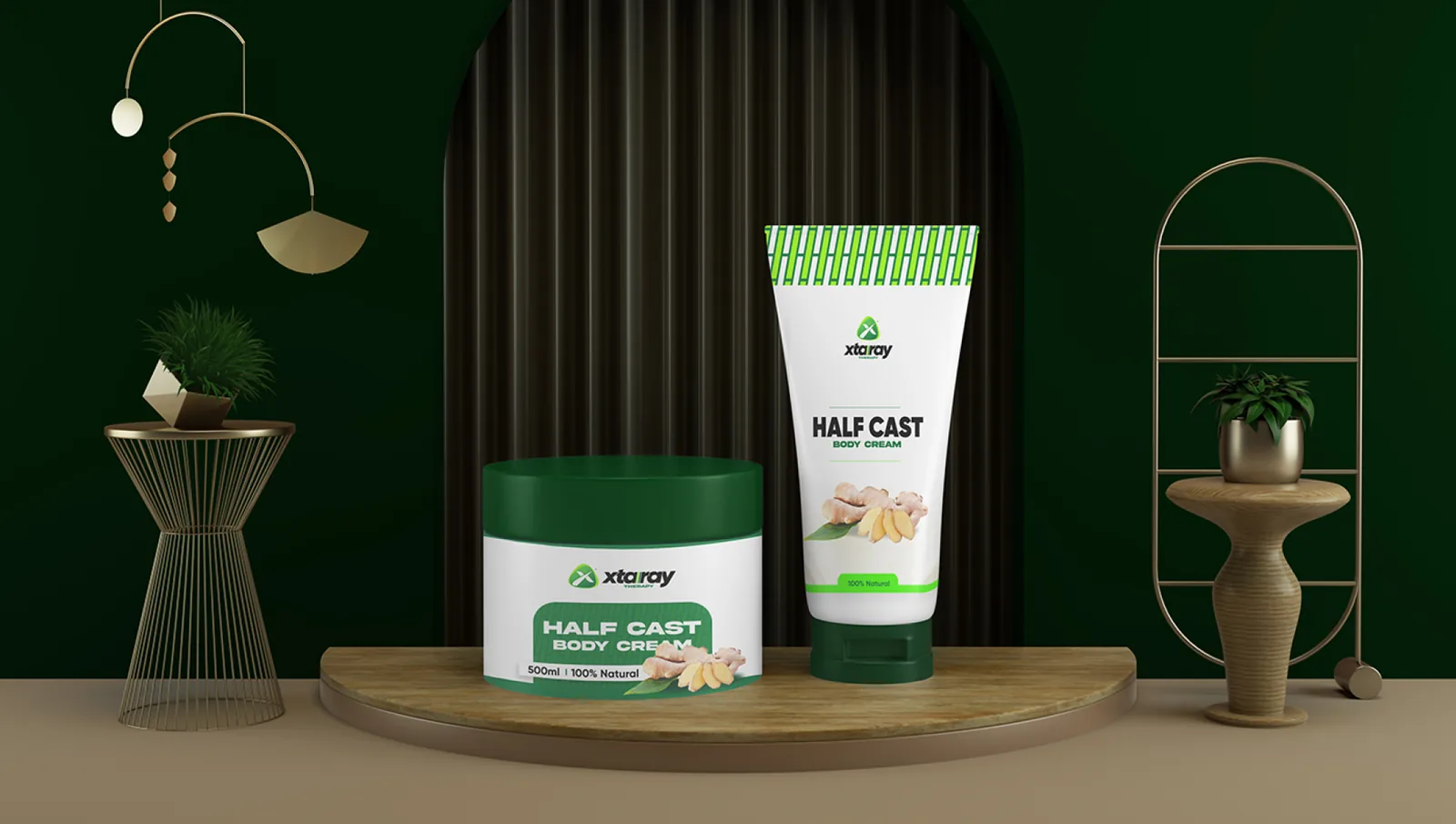 Half Cast body cream tube and jar on a wooden plinth in a dark green room with brass plant stands