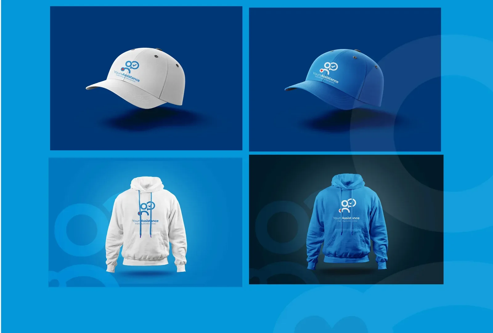 White and blue caps and hoodies carrying the YoursAssistance mark, on navy and brand blue