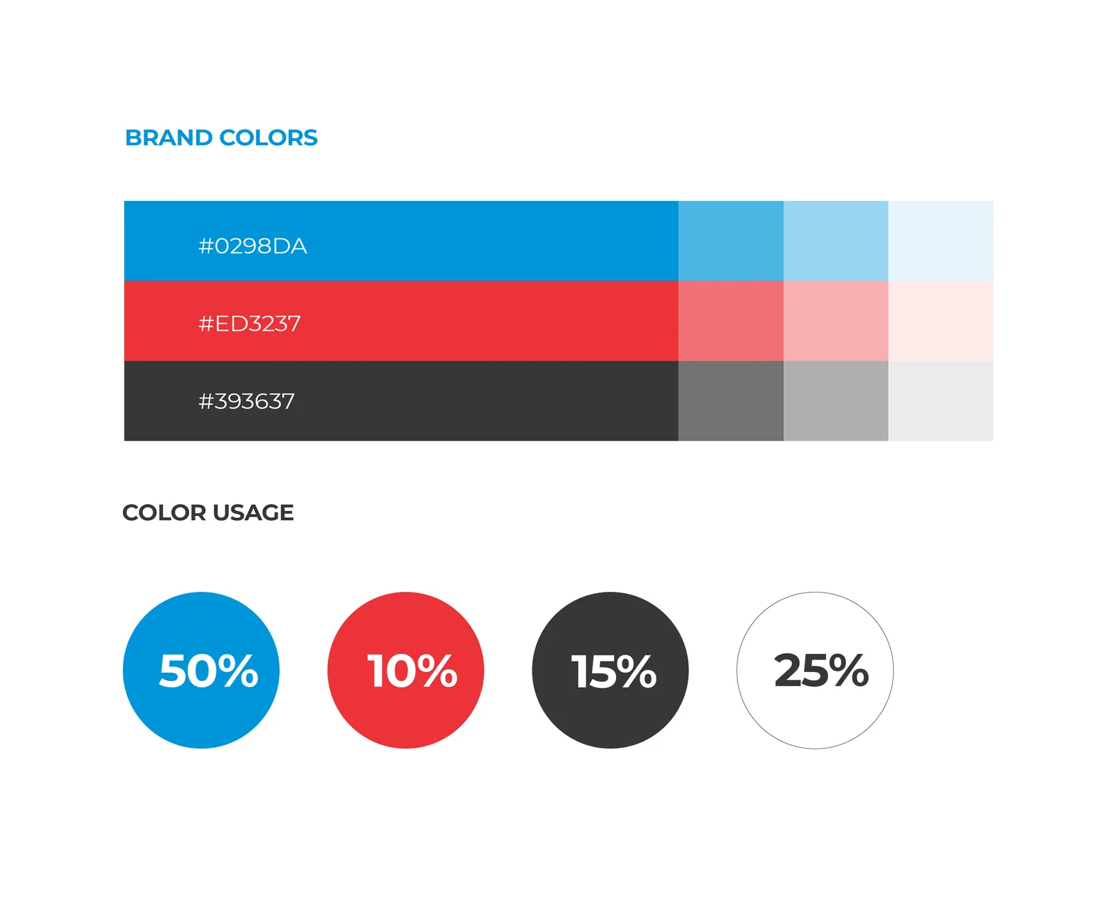 Brand colours: blue #0298DA, red #ED3237, charcoal #393637 with tints, used 50, 10, 15 and 25 per cent