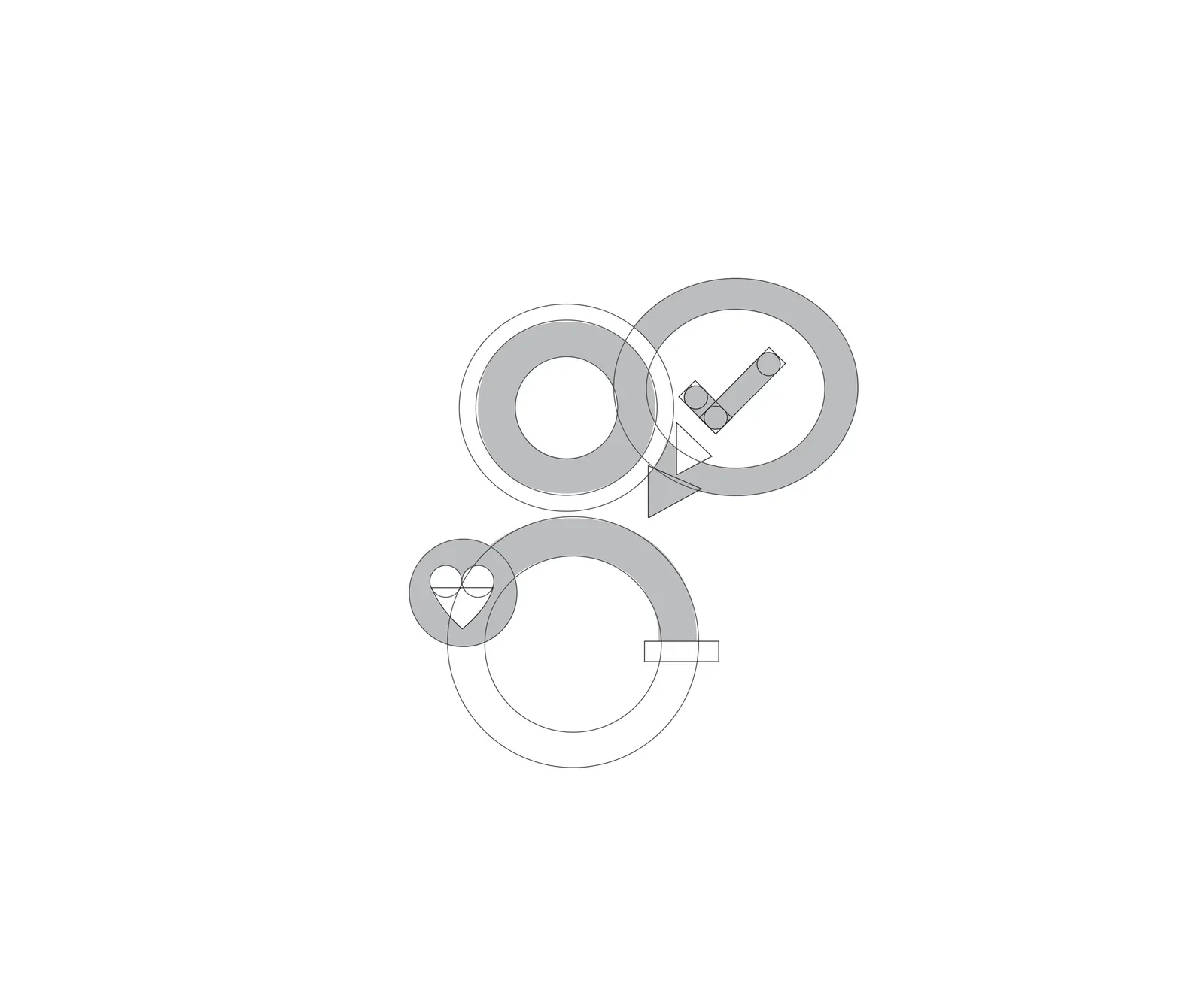 Logo construction drawn in grey outlines: head, speech bubble with check, shoulders and heart badge