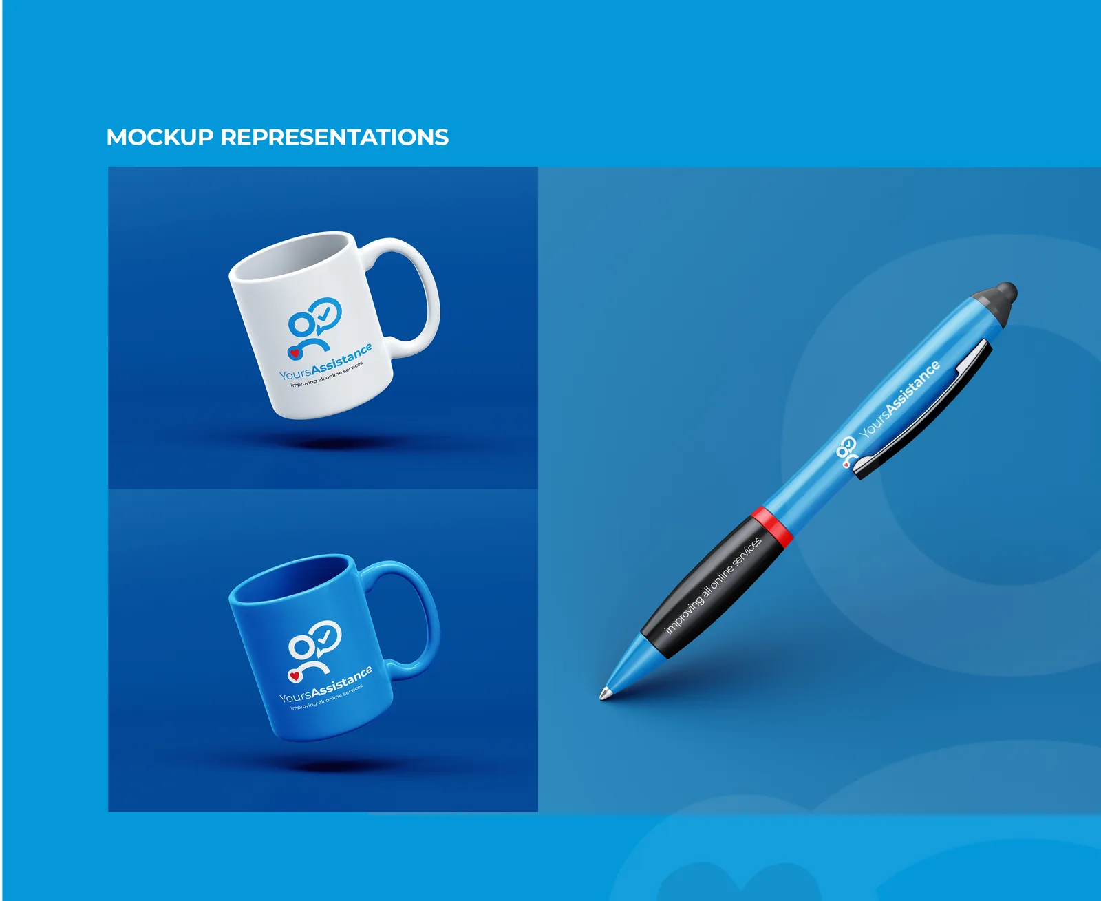 White and blue mugs with the YoursAssistance mark, beside a blue and red pen, on brand blue