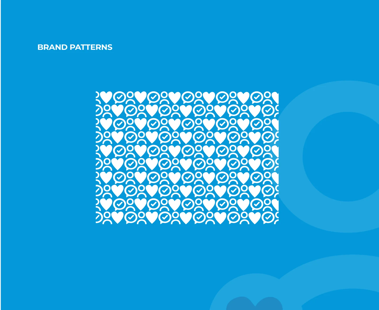 Brand pattern of people, hearts and check-mark bubbles in white on brand blue