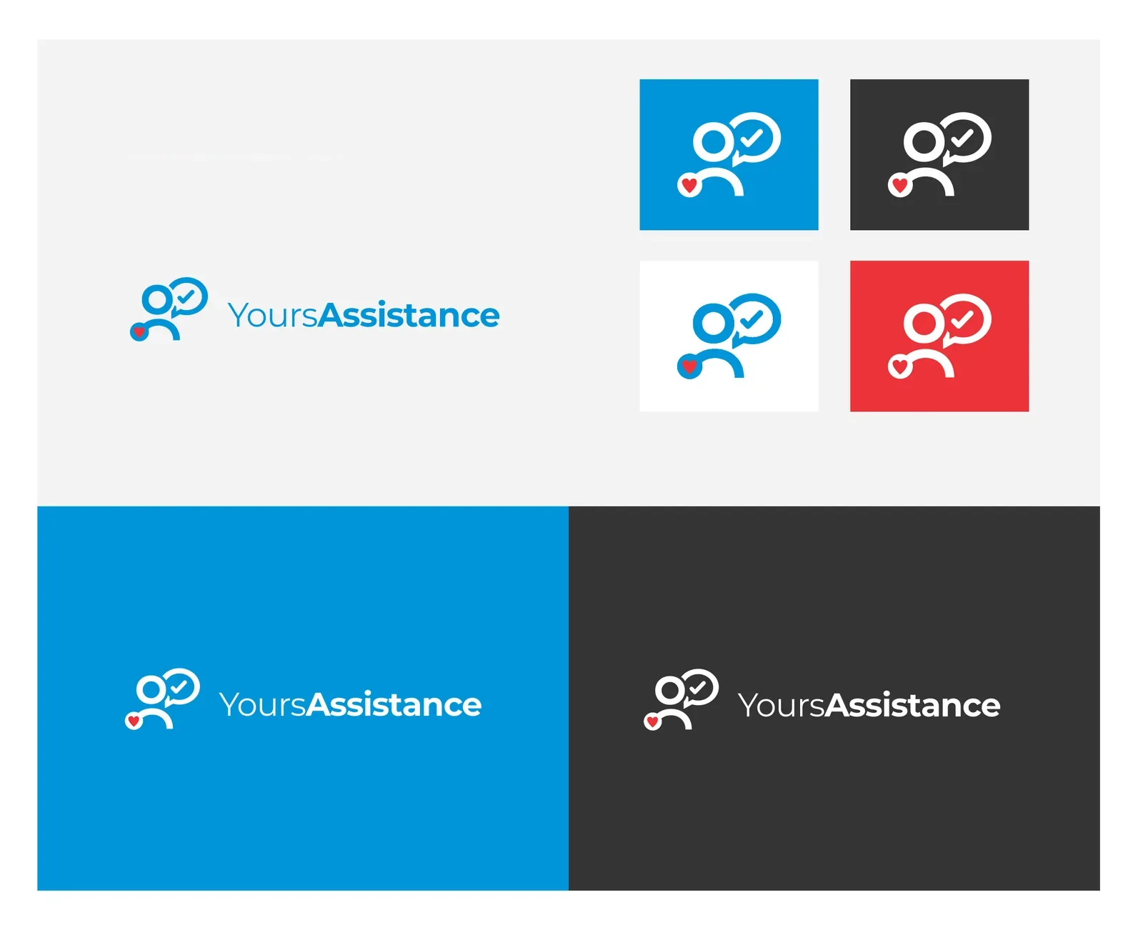 Visual identity: blue mark and wordmark on light grey, icon tiles in blue, black, white and red